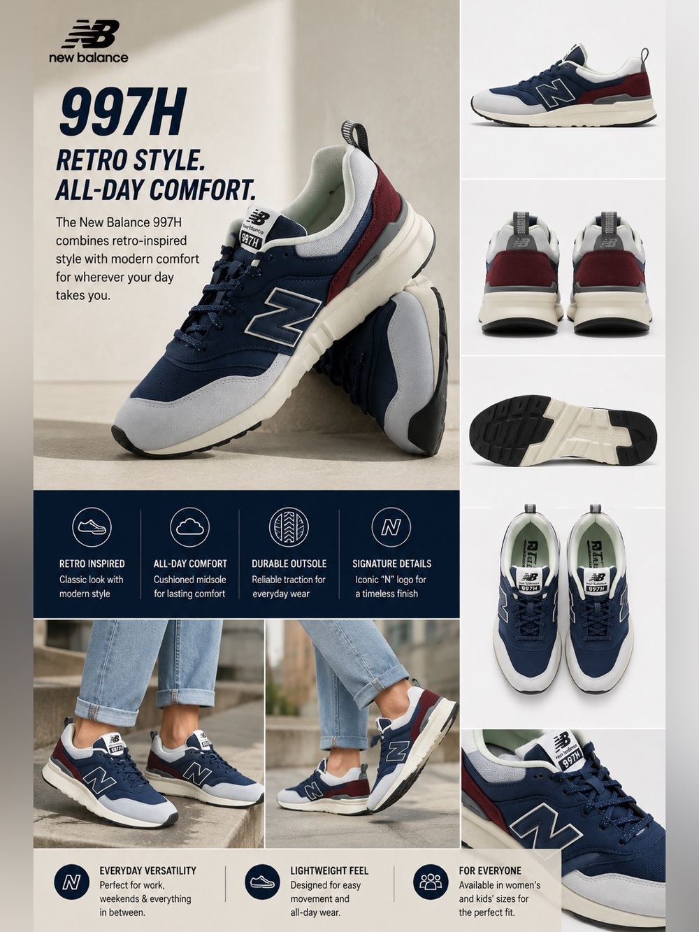 New Balance 997H Retro Athletic Casual Sneakers Womens 8.5 Kids 7Y